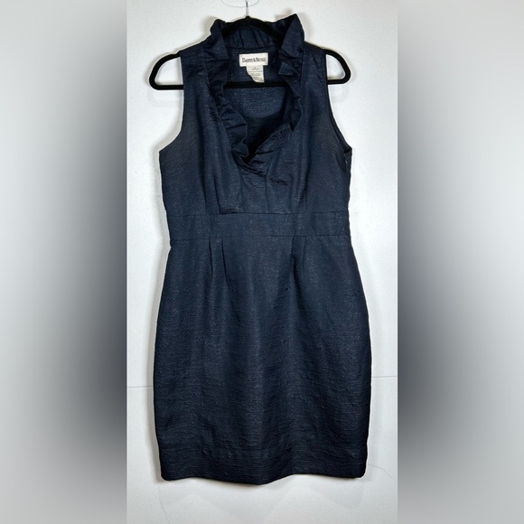 Danny & Nicole Navy Ribbed Sheath Knee Length Dress with Ruffled VNeck Collar. - Picture 1 of 10